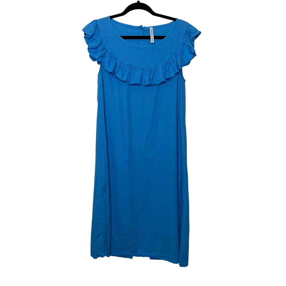 La Fabbrica Del Lino Dress‎ Womens S Blue Linen Blend Ruffle Back Button Italy
